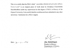 Dr M R Patel as a PhD Guide of Chandrabala Dudhakia Certificate