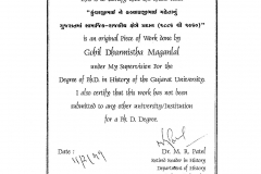 Dr M R Patel as a PhD Guide of Dharmishta Gohil Certificate