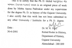 Dr M R Patel as a PhD Guide of Prof.Apexa Mehta Certificate0001